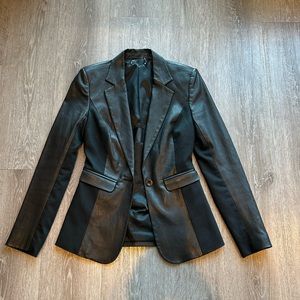 Alice and Olivia black leather blazer combination material single button